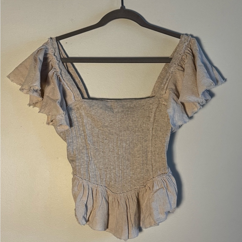 Free People Tan Flutter Sleeve Smocked Blouse